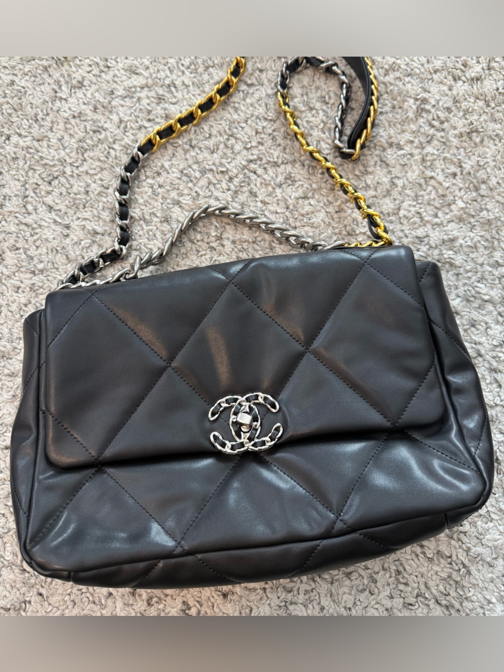 Black Quilted Chain Shoulder Bag with Interlocking Logo